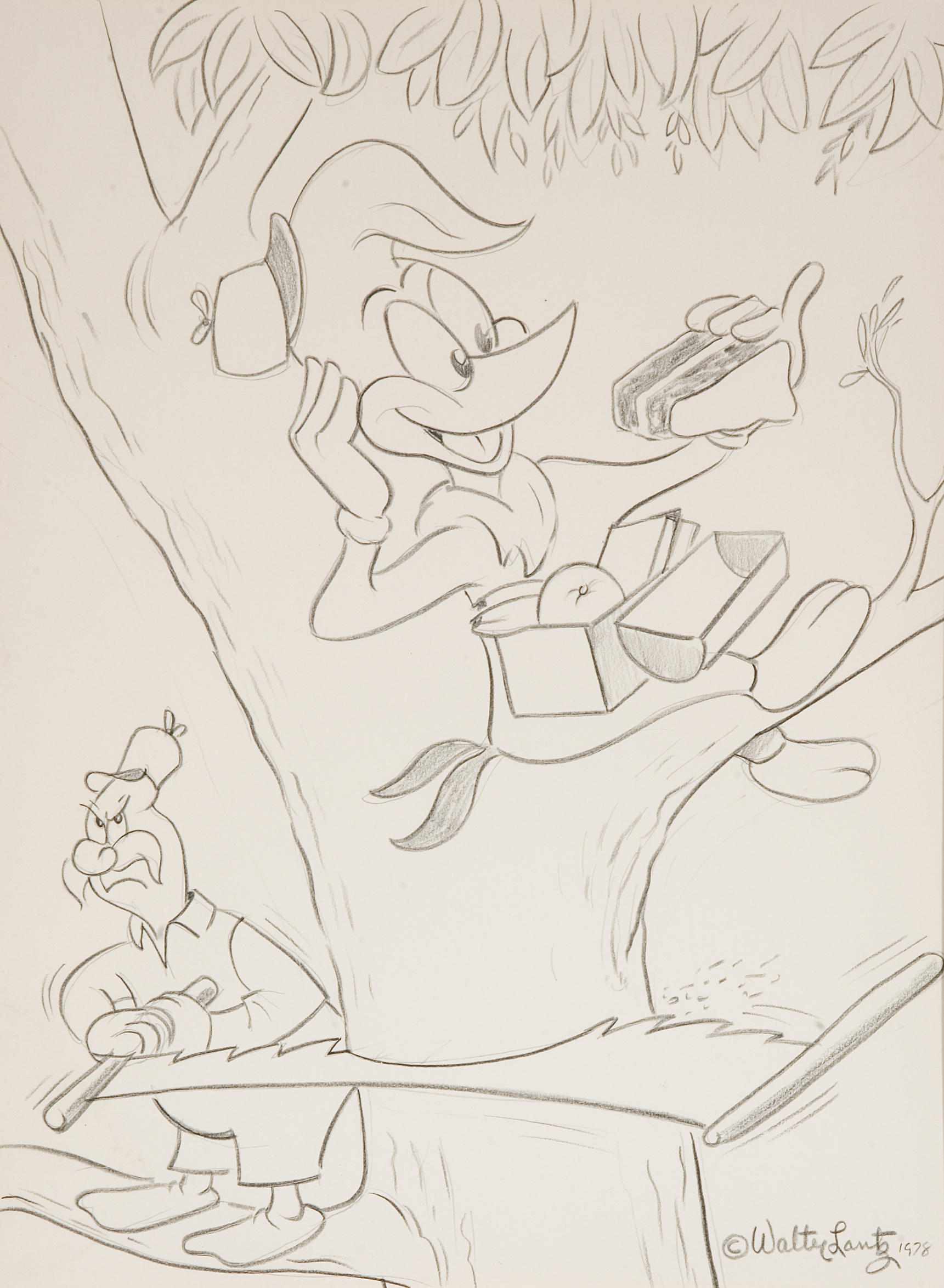 Appraisal: A Walter Lantz drawing of Woody Woodpecker eating lunch in