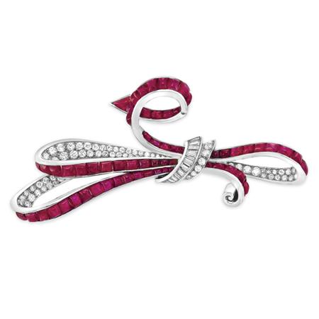 Appraisal: Cabochon Ruby and Diamond Bow Brooch Trabert Hoeffer Mauboussin Estimate