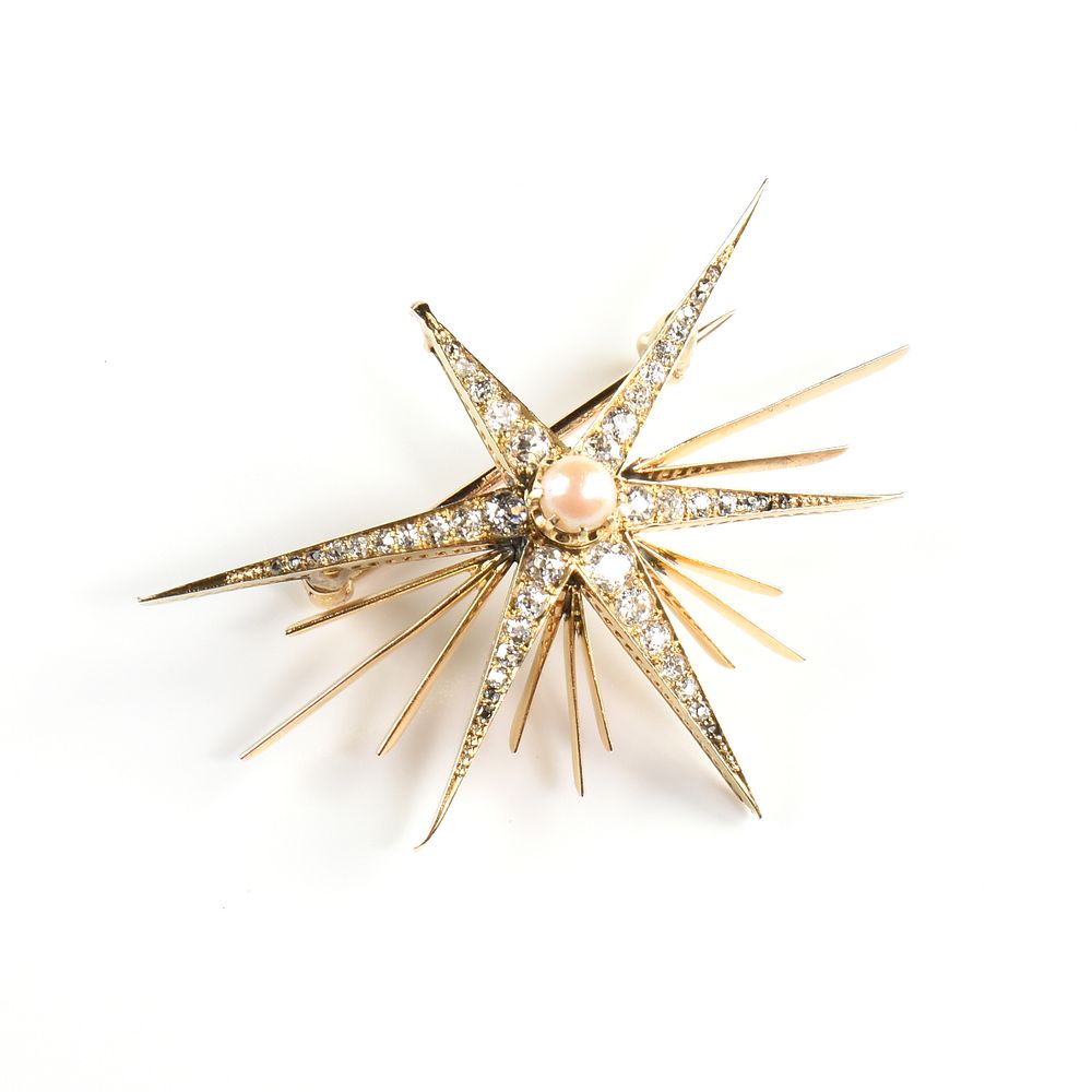 Appraisal: A MID-CENTURY MODERN DIAMOND CULTURED PEARL AND YELLOW GOLD STARBURST