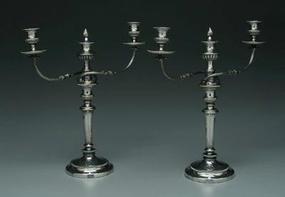 Appraisal: Pair English three cup candelabra each with reeded scrolled arms