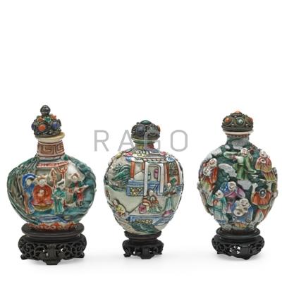 Appraisal: CHINESE PORCELAIN SNUFF BOTTLES Three with figural decoration complete with