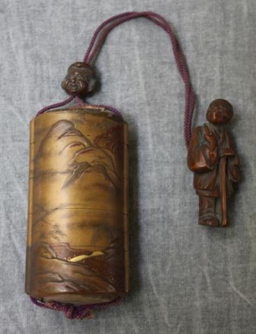 Appraisal: Japanese Lacquered Inro The Netsuke signed on the right rear