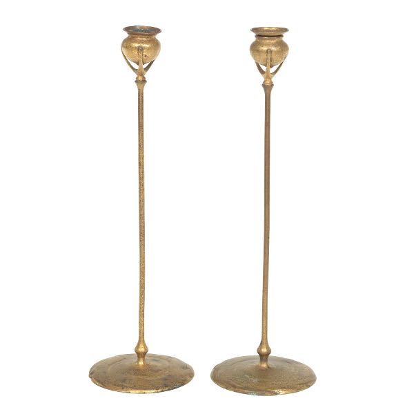 Appraisal: TIFFANY STUDIOS NEW YORK PAIR OF D'ORE BRONZE POPPY CANDLESITCKS