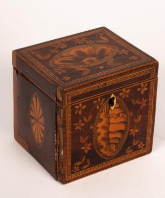 Appraisal: A George III mahogany and marquetry tea caddy of cube