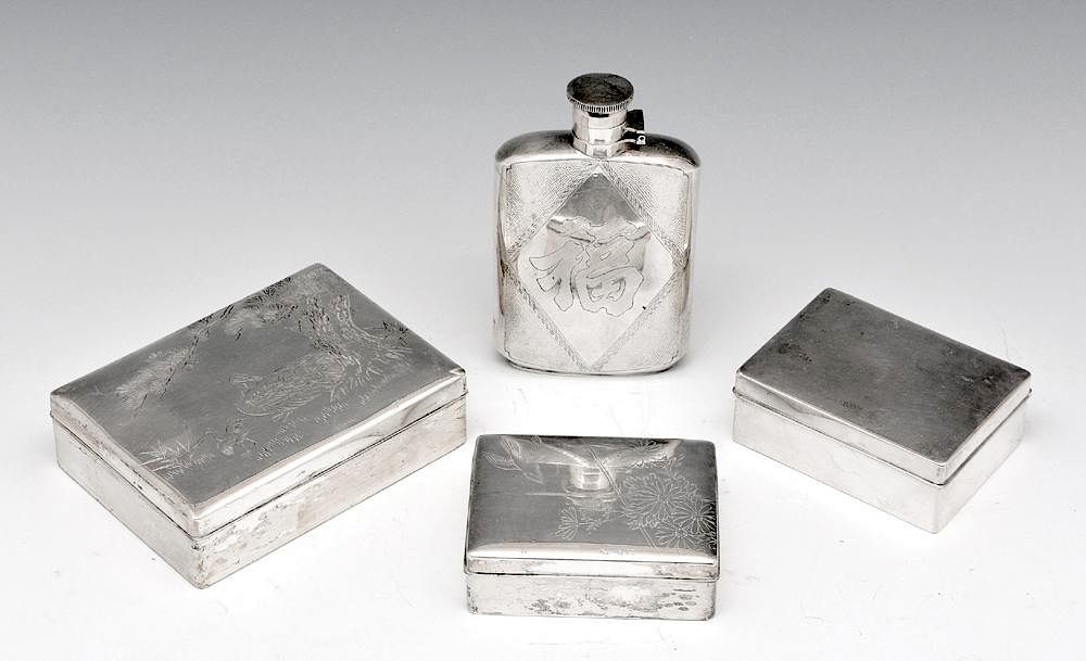 Appraisal: Grouping of three silver cigarette boxes one hip flask Grouping