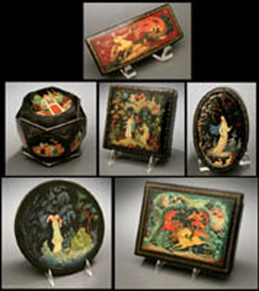 Appraisal: A group of Russian Palekh lacquerware boxes plate A group