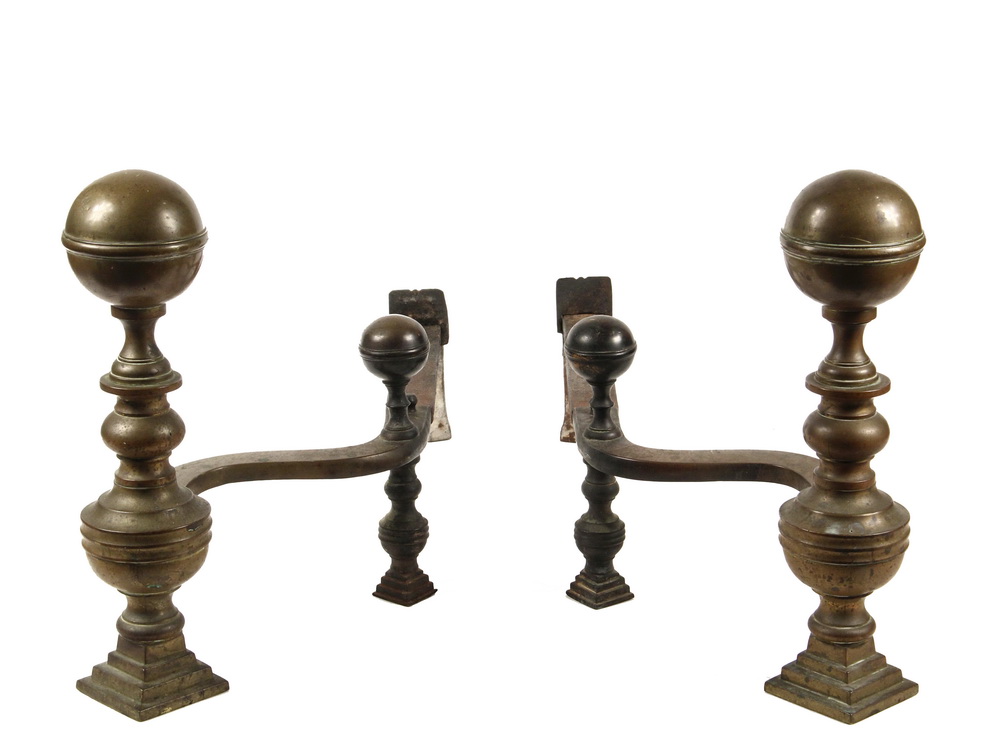 Appraisal: SCARCE MOLINEAUX MAINE ANDIRONS - Solid Brass Ball Top Andirons