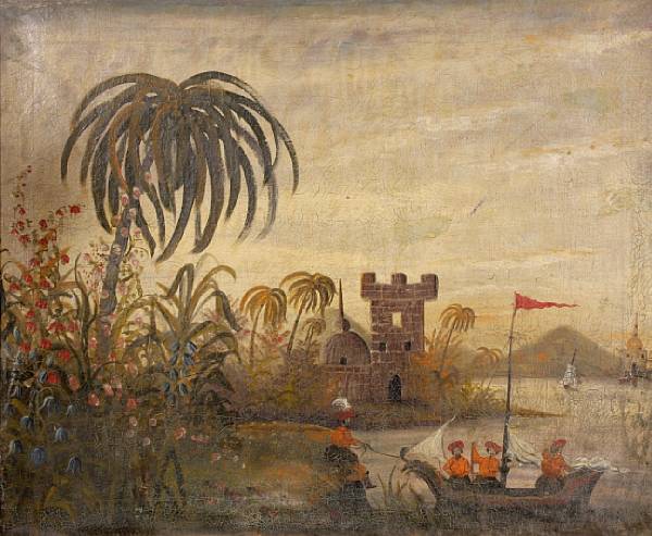 Appraisal: Indian School An extensive landscape with a lake and figures