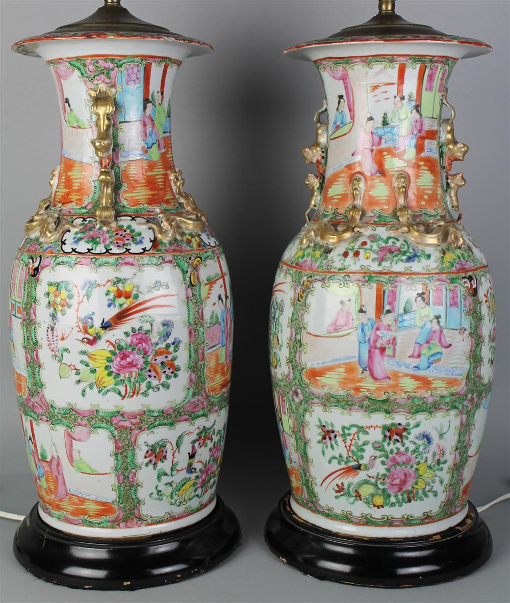 Appraisal: PAIR OF TH C CHINESE ROSE MEDALLION LAMPS of baluster