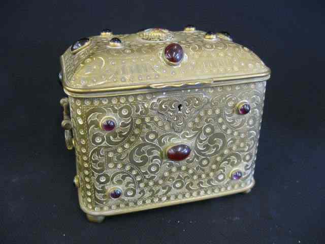 Appraisal: Victorian Jeweled Brass Jewelry Box miniature on porcelain on top