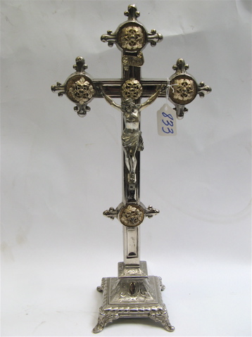 Appraisal: CONTINENTAL SILVER METAL STANDING CRUCIFIX of Jesus on the cross