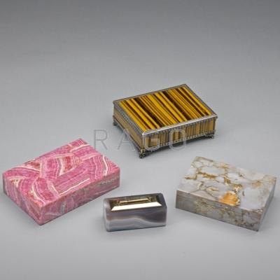 Appraisal: THREE HARDSTONE LAMINATE HINGED BOXES AND LIGHTER Western Germany ca