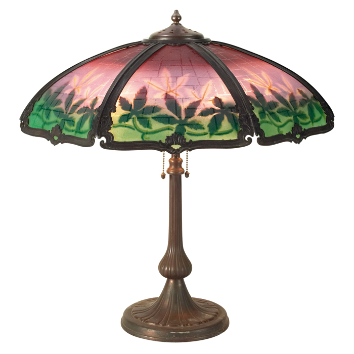 Appraisal: Handel table lamp seven-sided shade with reverse-painted leaf motif on