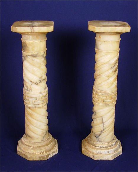 Appraisal: PAIR CARVED SPIRAL CARVED MARBLE PEDESTALS Greek key design at