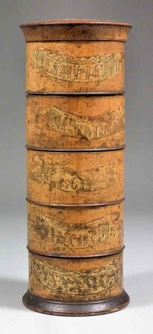 Appraisal: A th Century sycamore five tier spice tower ins high