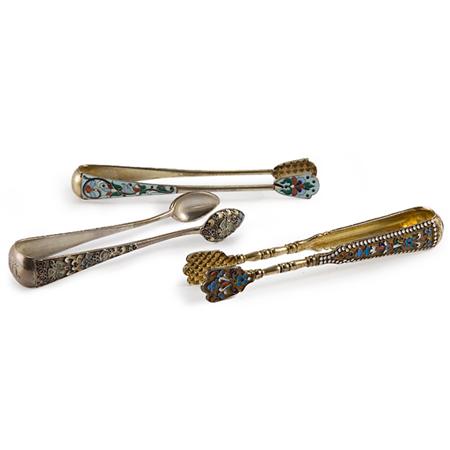 Appraisal: Three Russian Cloisonne and Silver Sugar Tongs Estimate -