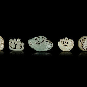 Appraisal: Five Chinese Celadon Jade Reticulated Figural Pendants each with figural