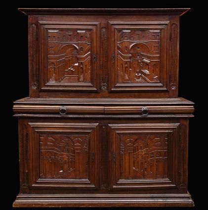 Appraisal: ITALIAN RENAISSANCE CARVED WALNUT TWO-PART CABINET The upper part with