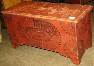 Appraisal: Red paint and sponge decorated pine lift top blanket chest