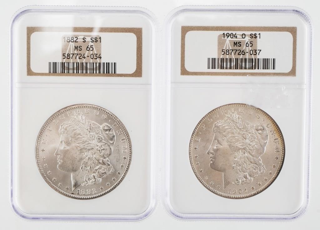 Appraisal: Two Morgan silver dollars -O and -S both NGC graded