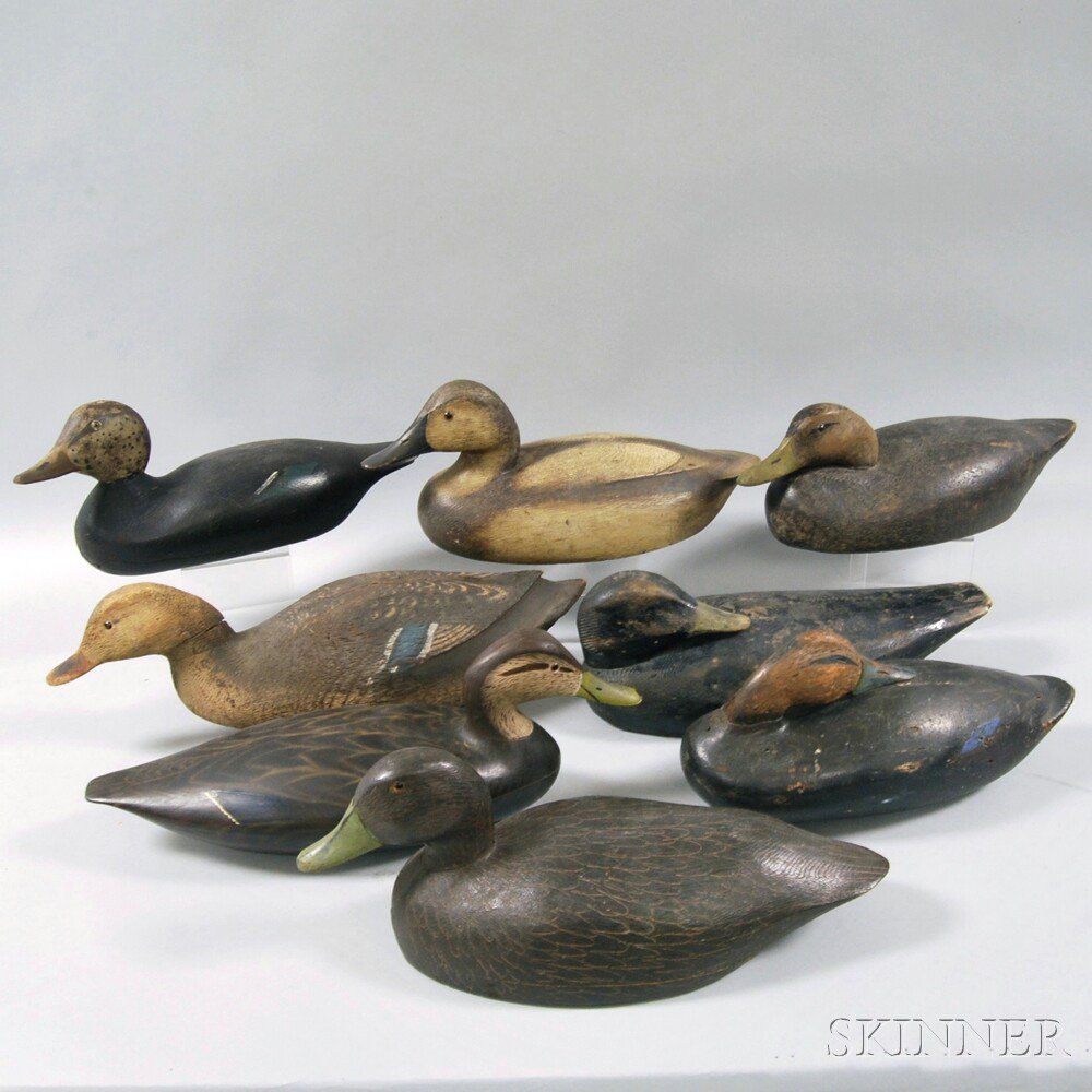 Appraisal: Eight Painted and Carved Mostly Black Duck Decoys including black