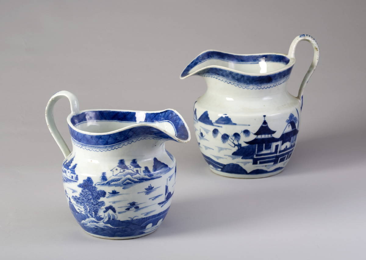 Appraisal: TWO CANTON BLUE AND WHITE PORCELAIN PITCHERS Heights and inches