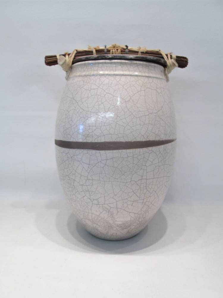 Appraisal: HIROSHI OGAWA POTTERY LIDDED JAR with white crackle glaze Height