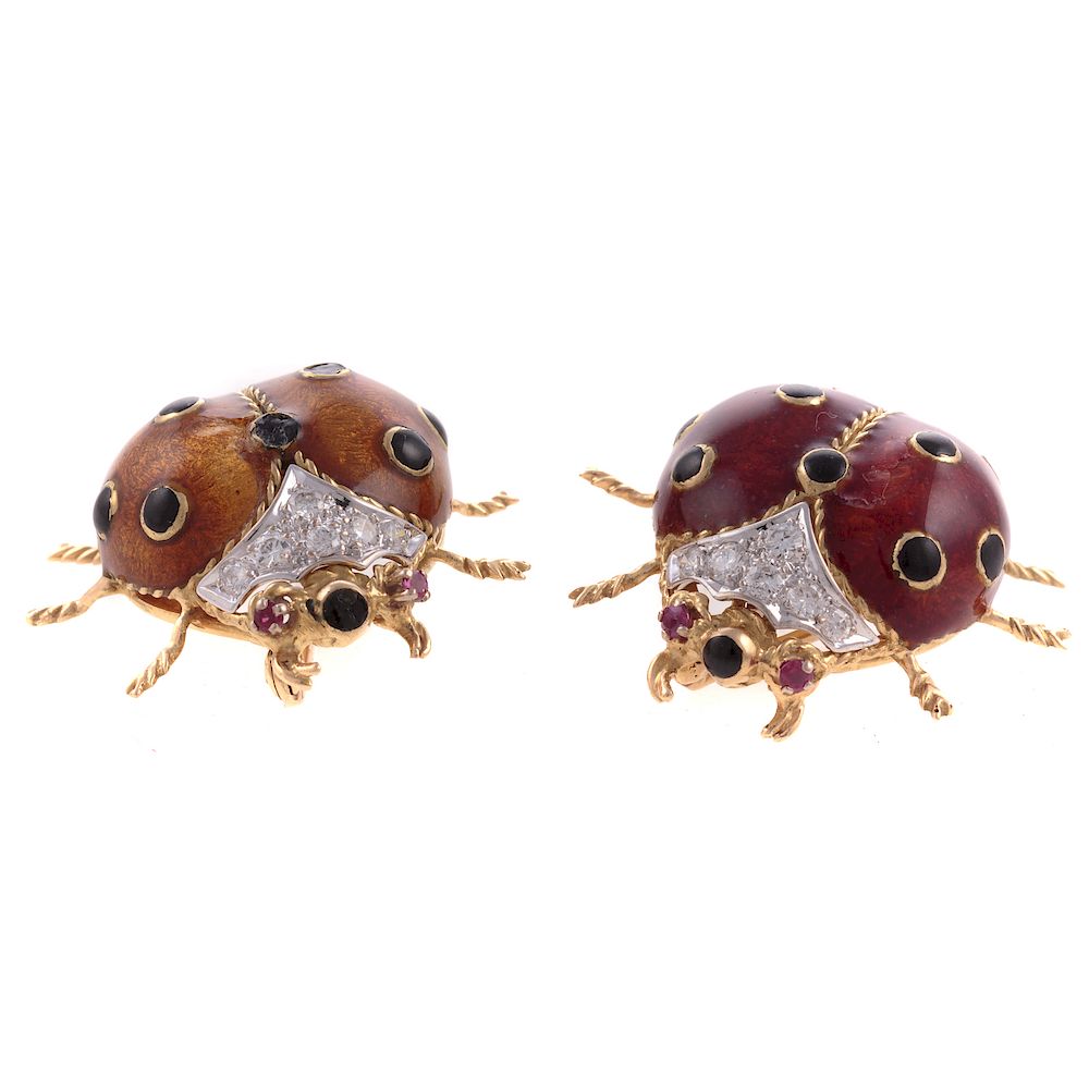 Appraisal: A Pair of Ladybug Pins with Diamonds in K K