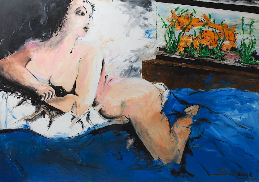 Appraisal: Illegibly Signed Female Nude with Goldfish Oil Illegibly signed modern