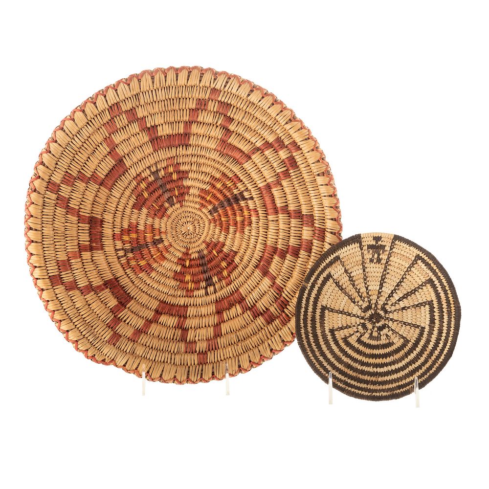 Appraisal: Two Indian Baskets circular baskets with geometric pattern decoration and