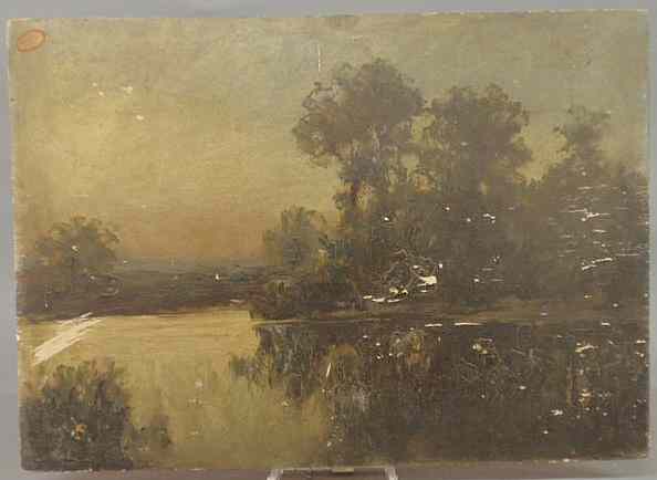 Appraisal: Oil on wood panel painting of an evening river scene