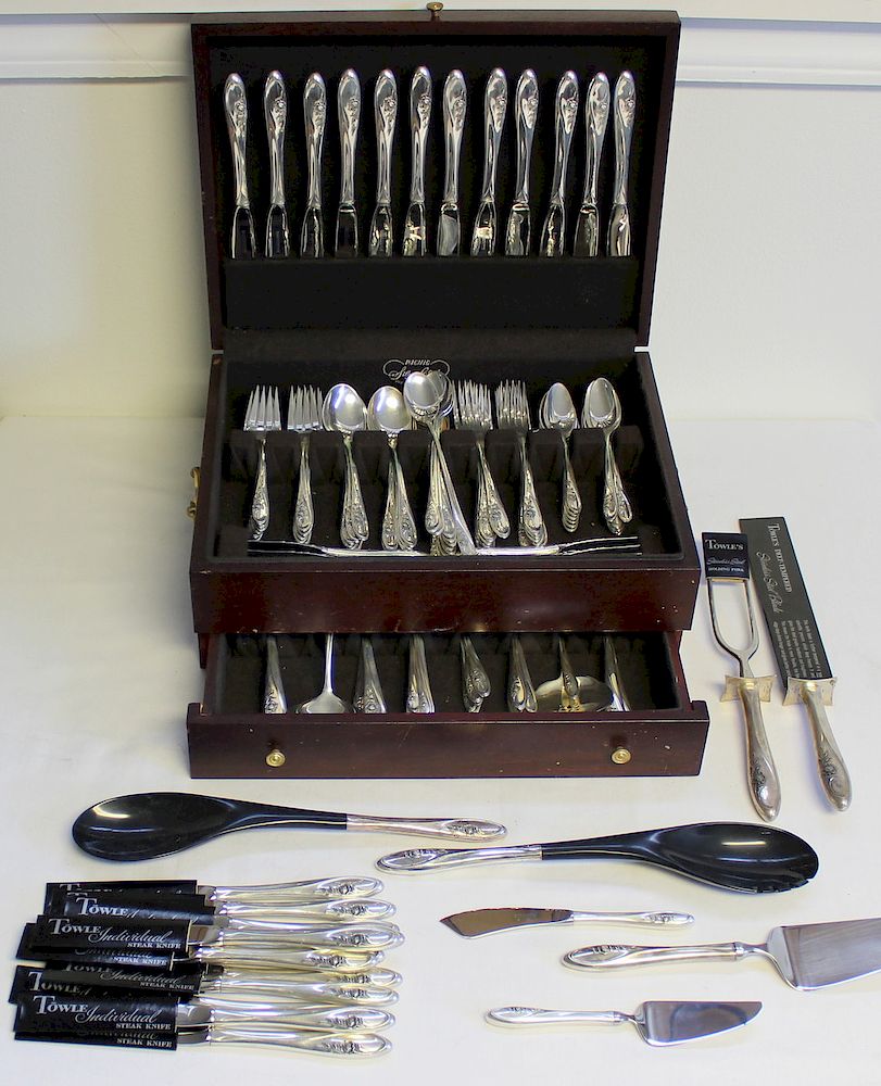 Appraisal: STERLING Towle Sculptured Rose Flatware Service Includes knives with stainless