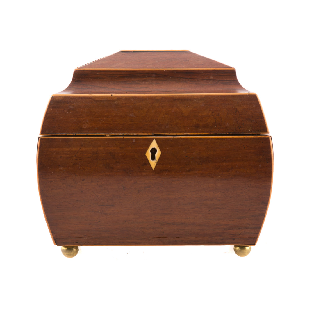 Appraisal: Regency sarcophagus-form tea caddy circa with stringer inlay and paneled