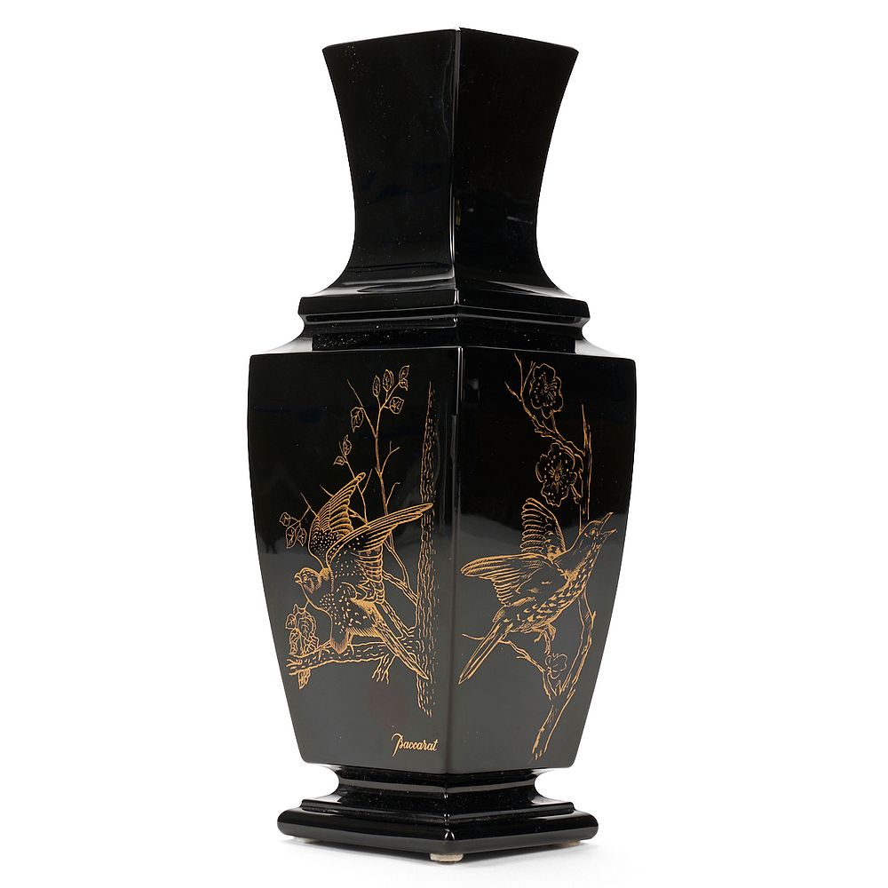 Appraisal: Baccarat Black Crystal Vase with Gilt Birds Baccarat France Black