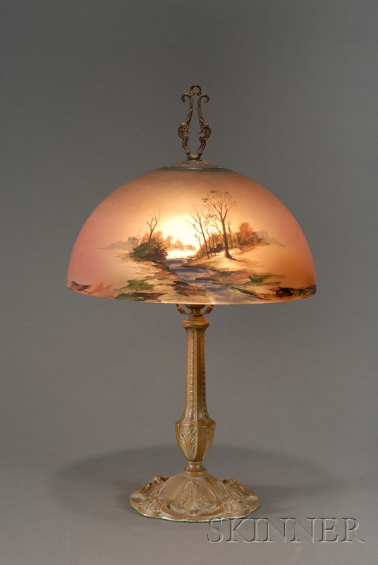 Appraisal: American Painted Glass Table Lamp c depicting a multicolor country