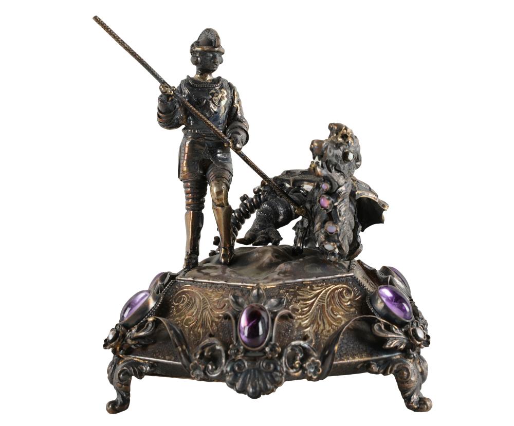 Appraisal: CONTINENTAL SILVERED METAL SCULPTUREdepicting St George and the dragon unmarked