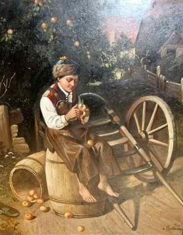 Appraisal: AFTER BECKMANNA young boy seated upon a barrel peeling apples