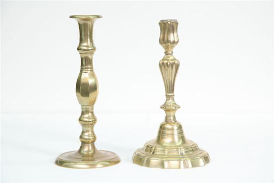 Appraisal: TWO BRASS CANDLESTICKS Early with threaded posts and separate bases