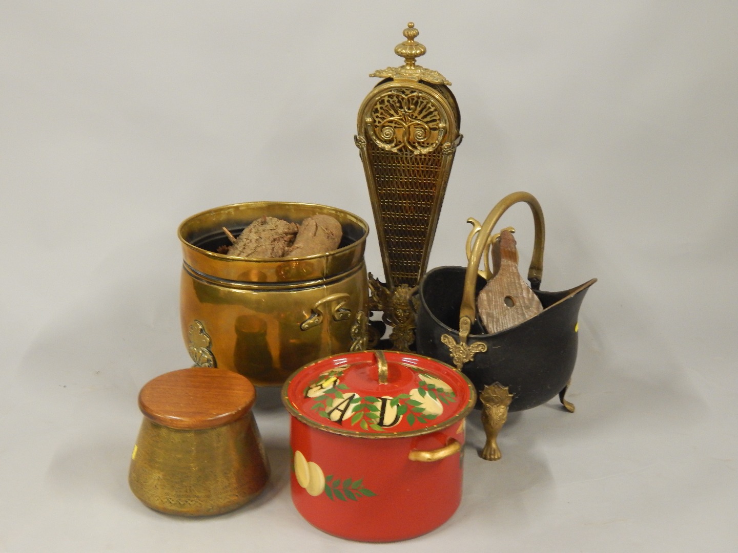 Appraisal: A brass log basket Middle Eastern brass bowl with wooden