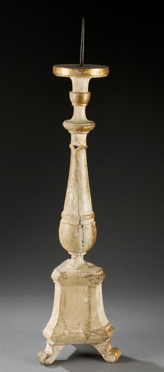 Appraisal: Italian carved wood pricket candlestick th century White and gold