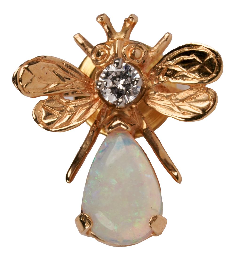 Appraisal: CINI KARAT YELLOW GOLD DIAMOND OPAL BEE PINcontaining one pear-shape