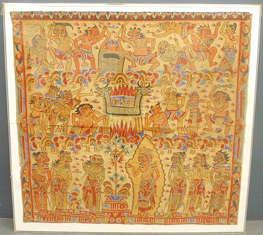 Appraisal: - Large painted on linen wall hanging from Bali probably