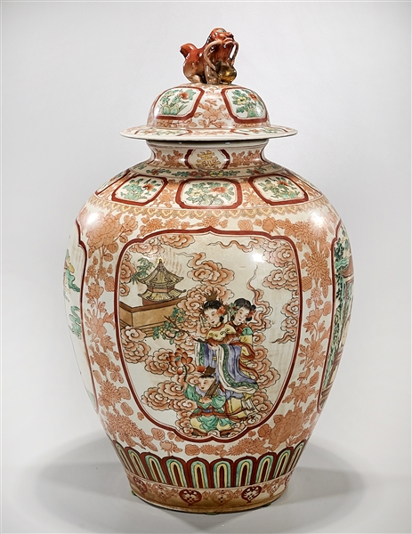 Appraisal: Tall Chinese enameled porcelain covered vase central figural scenes animal-form