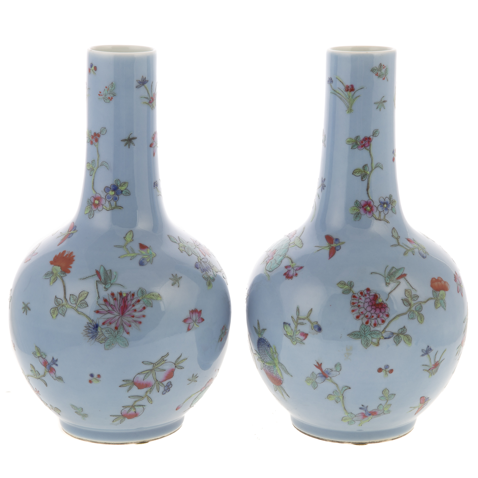 Appraisal: A PAIR OF CHINESE EXPORT FAMILLE ROSE BOTTLE VASES Jiaqing