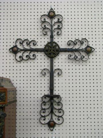 Appraisal: Pair of wrought iron cross motif candle sconces tallx wide