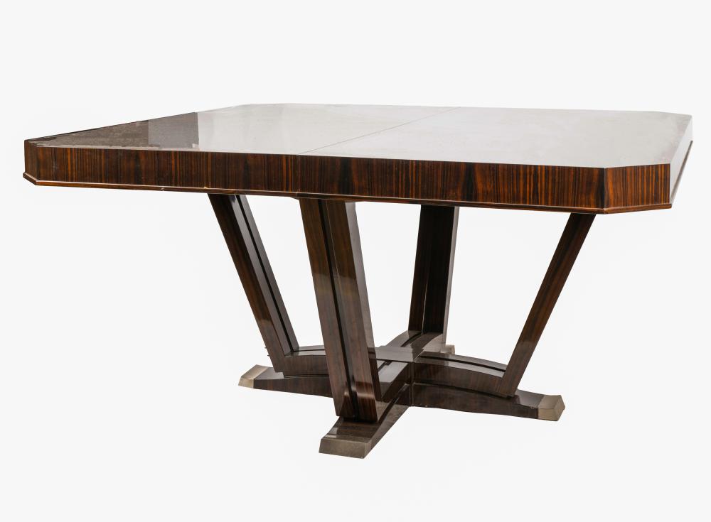 Appraisal: WILLIAM SWITZER ART DECO-STYLE MACASSAR VENEER DINING TABLEsigned to underside