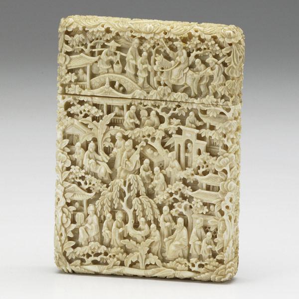 Appraisal: Ivory card case th C Profusely carved with figures and