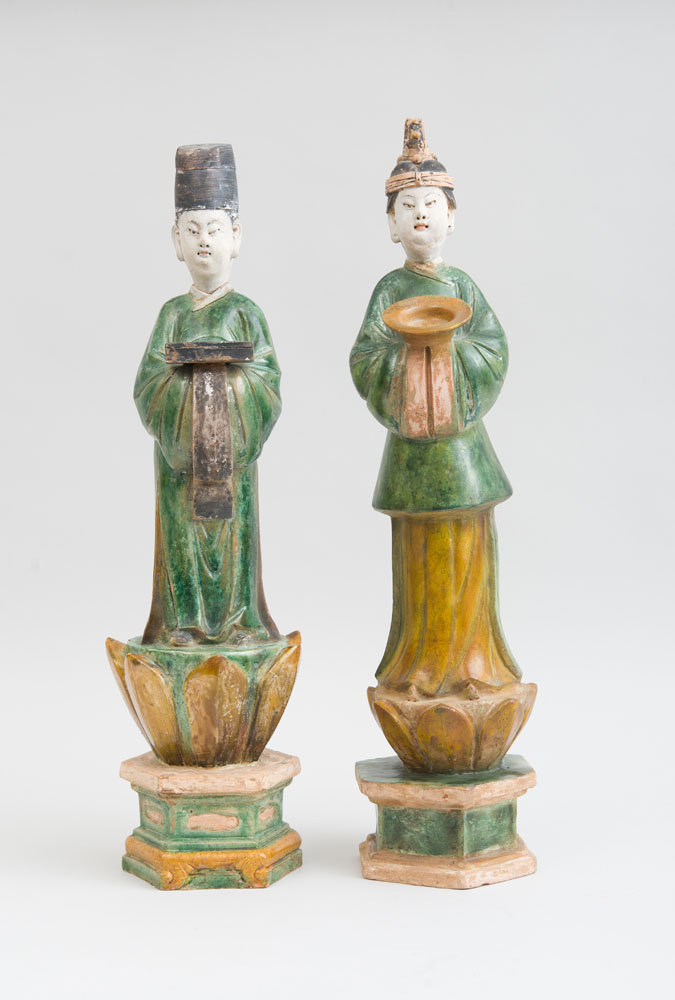 Appraisal: PAIR OF CHINESE SANCAI-GLAZED POTTERY FIGURES OF ATTENDANTS x x