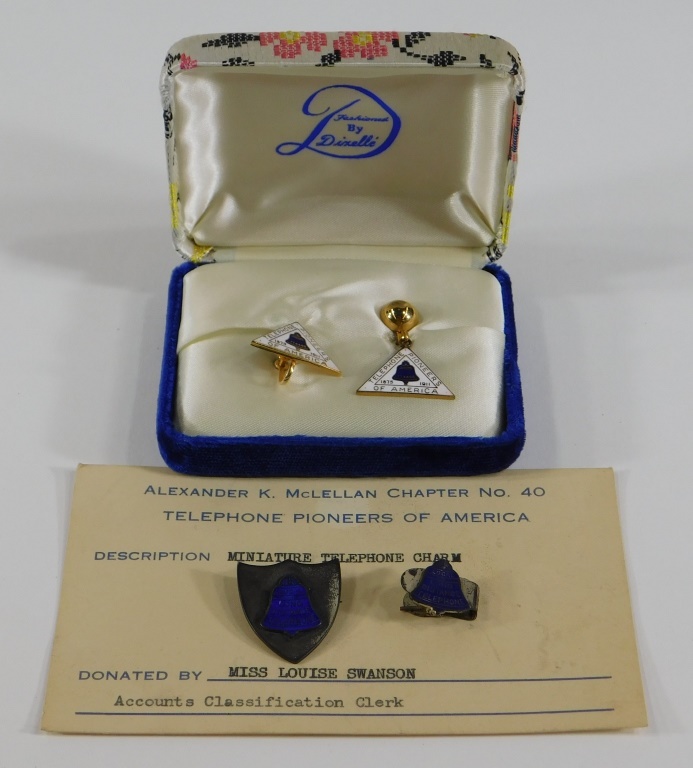 Appraisal: PC TELEPHONE PIONEERS BELL EARRINGS PIN JEWELRY United States th