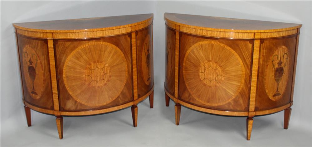 Appraisal: PAIR OF LOUIS XVI STYLE INLAID DEMILUNE CONSOLES shaped top